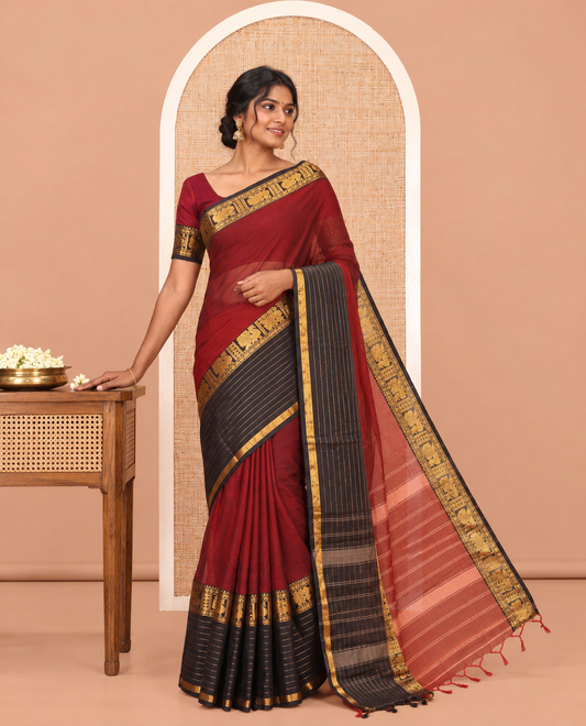 Maroon Plain Mercerised Cotton Saree