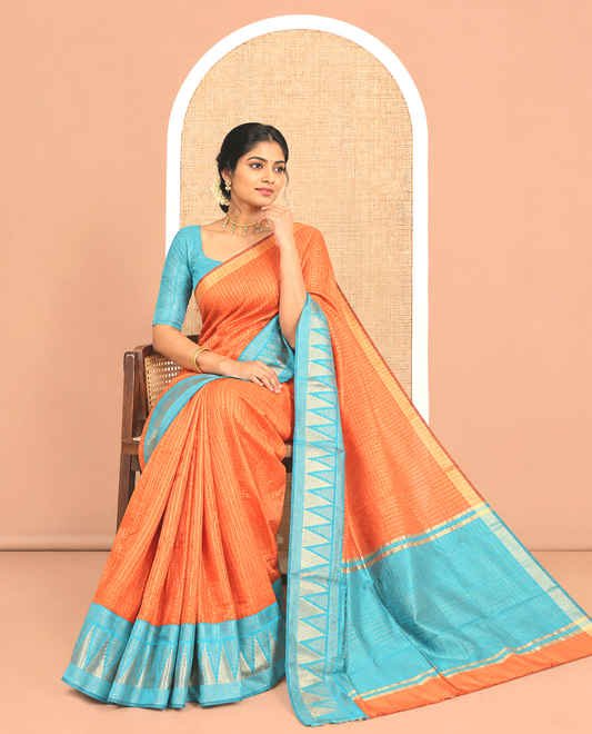 Rust Orange-Blue Semi-Raw Silk Saree