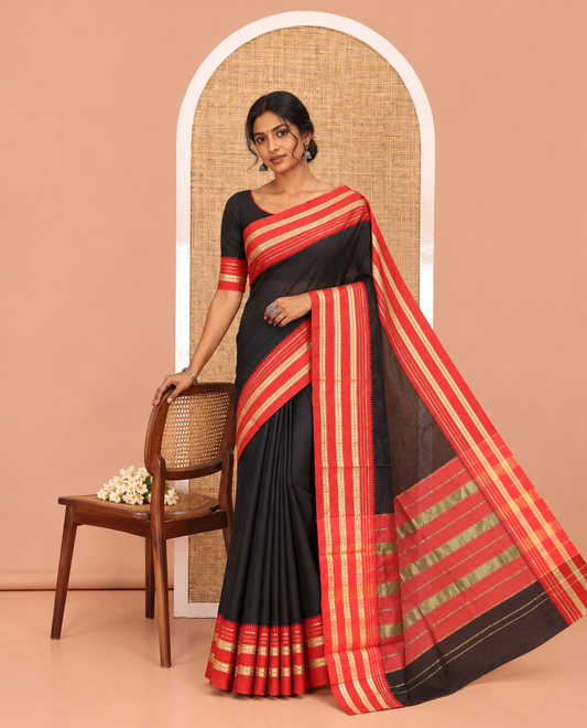 Black-Red Plain Mercerised Cotton Saree, Contrast Traditional Thread Temple Border, Striped Pallu, and a Matching Blouse