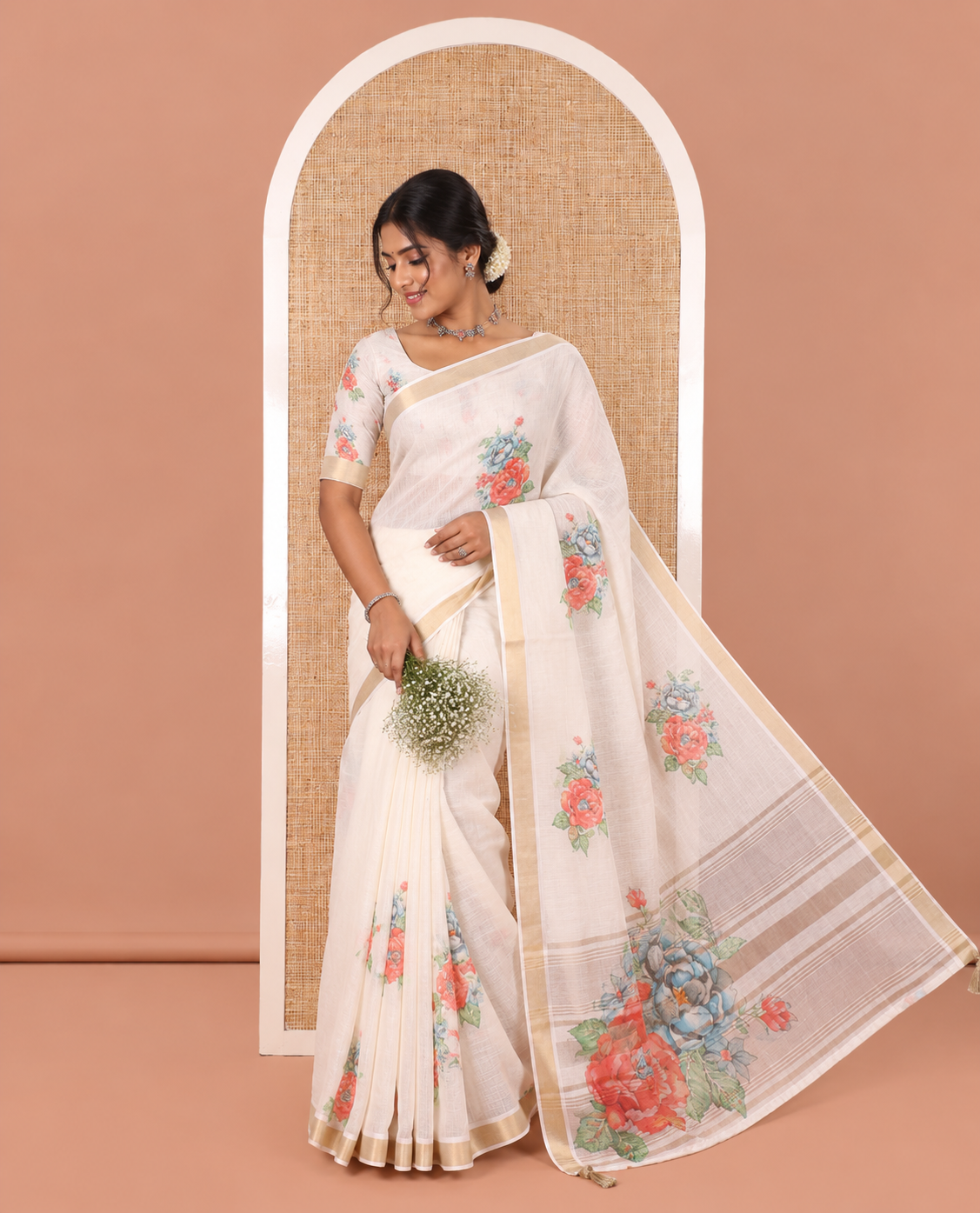 Cream Banaras Tissue Saree, Enthralled with Floral Motifs Printed on Its Body, Subtly Bavanji Border, Pallu Depicts Floral Prints, and Stripes, and Paired with a Matching Blouse