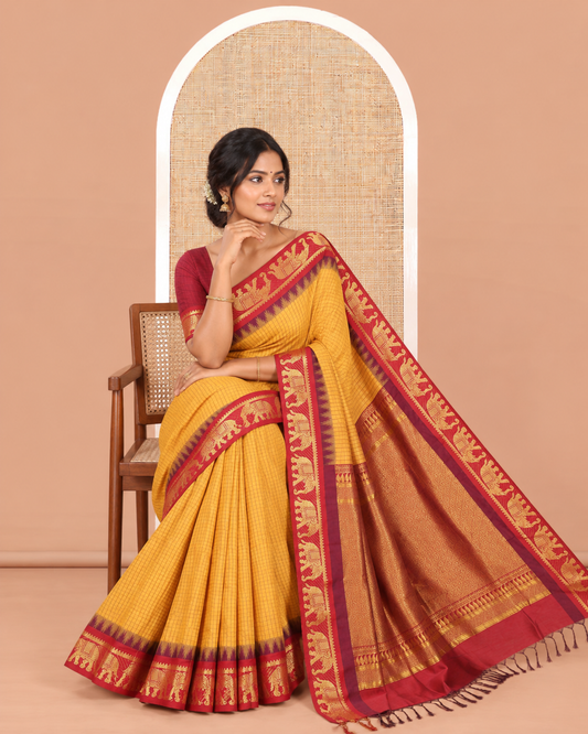 Mustard Checked Kalyani Cotton Saree, a Contrast Temple Elephant Motif Border, Grand Jaal Pallu, and a Contrast Blouse