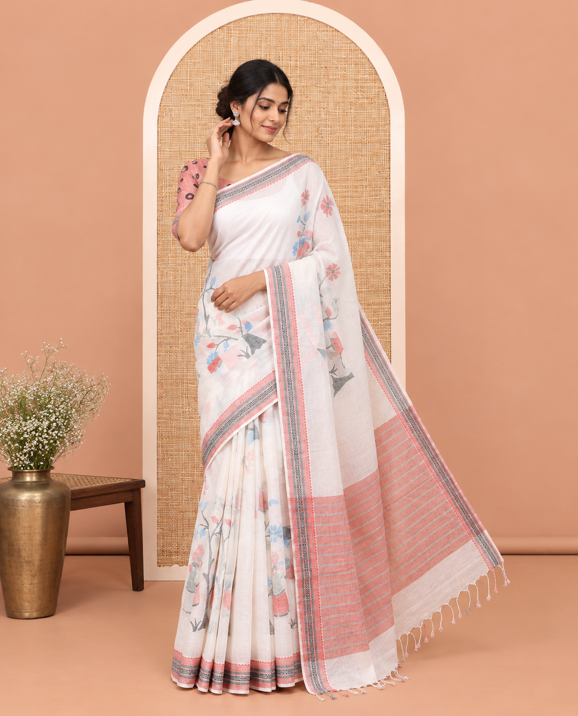 Off-White Handloom Cotton Saree Features Tree and Human Motifs, a Traditional Thread Border, Striped Pallu, a Contrast Blouse