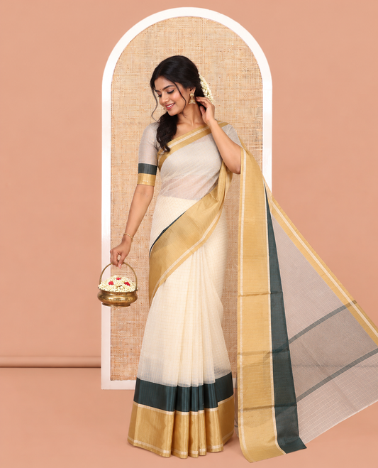 Cream-Green Semi-Organza Saree