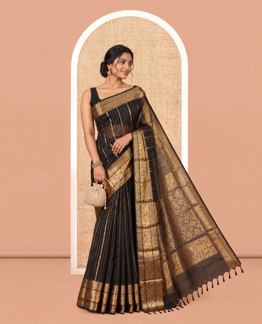 Black Zari Striped Chettinad Cotton Saree, a Traditional Zari Border, Grand Pallu, and a Matching Blouse