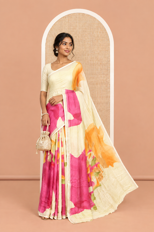 Yellow Moss Chiffon Saree Features an Abstract Print, a Gold Zari Border, Printed Pallu, and Matching Blouse
