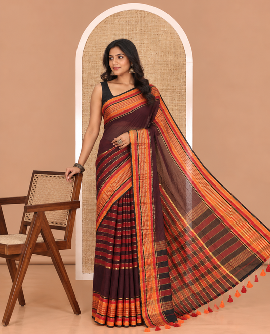 Wine Khadi Mul Cotton Saree