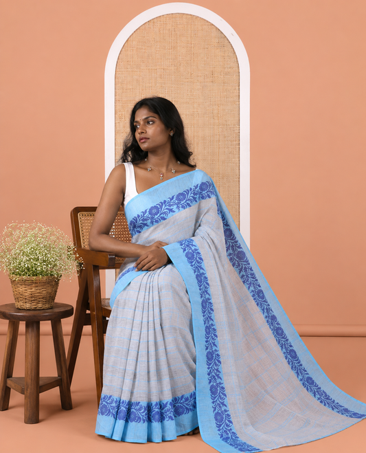 Grey Striped Handloom Mercerised Cotton Saree, Complemented by a Contrast Floral Creeper Border, and No Blouse