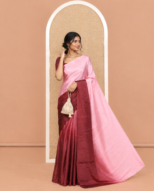 Borderless Maroon Ombre-Dyed Ready-Made Satin Crepe Saree, a Self-Pallu, and a Plain Blouse