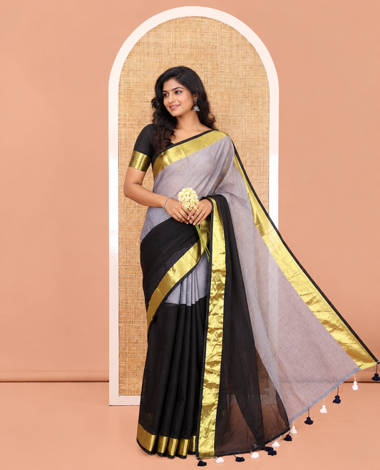 Off-White-Black Plain Khadi Mul Cotton Saree, a Bavanji Border, a Self-Pallu, and a No Blouse