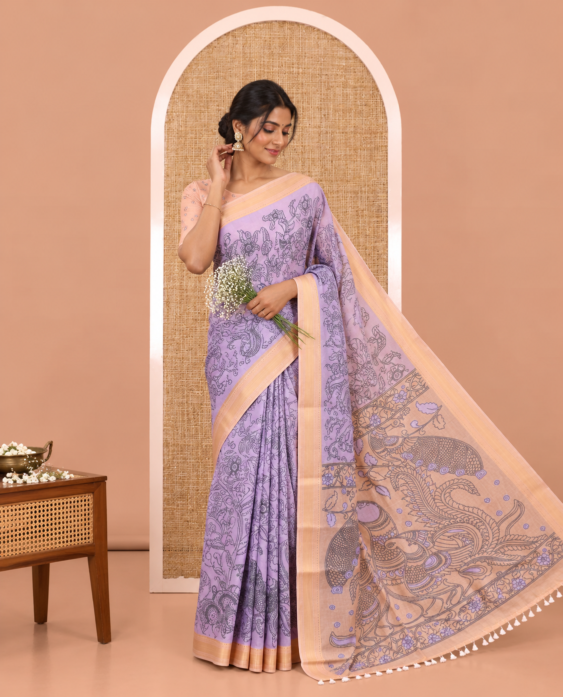 Lavender Mangalagiri Cotton Saree Features Kalamkari Flora-Fauna-Humans, a Contrast Border, and Printed Blouse