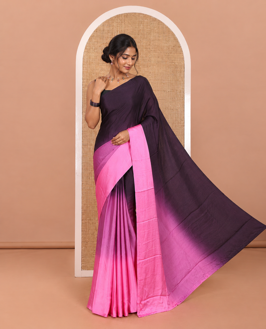 Borderless Pink and Violet Satin Crepe Saree Adorned with Ombre-Style Tri-Colors and Paired with a Matching Blouse