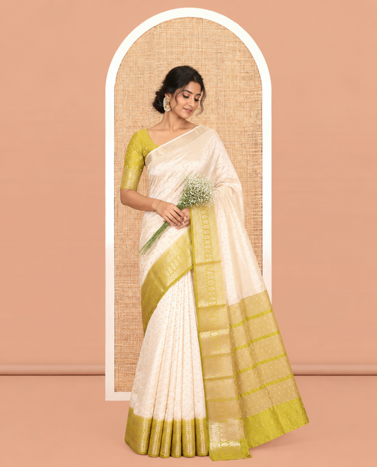 Cream-Green Semi-Tussar Saree Features 1000 Buttas, a Contrast Traditional Border, and Contrast Blouse
