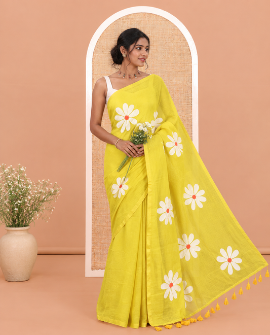 Borderless Lemon Yellow Daisy Flower Printed Khadi Mul Cotton Saree Without Blouse