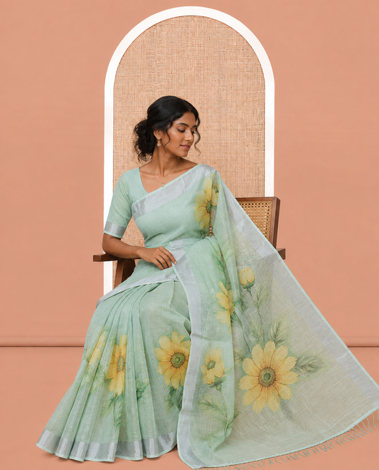 Green Linen Cotton Saree, Beautified with a Floral Print, a Subtle Border, and a Matching Blouse