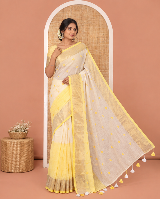 Cream and Yellow Khadi Mul Cotton Saree, Adorned with Half-And-Half-Style and Heart Motifs Embroidery on Its Body, a Subtle Gold Zari Border, a Self-Pallu, and Has No Blouse