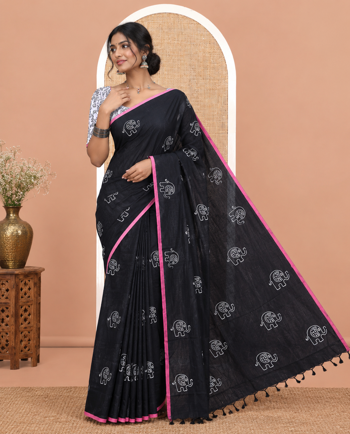 Borderless Black South Cotton Saree, Adorned with Elephant Motifs, a Contrast Block Printed Blouse