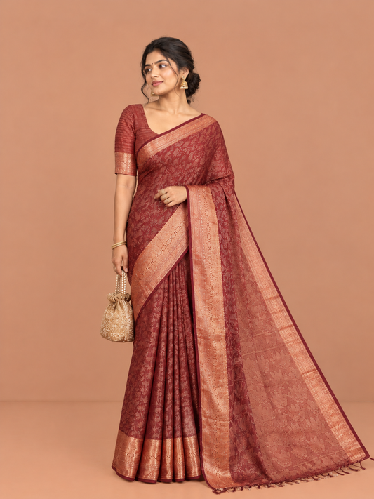 Brown Chiffon Saree, Adorned with Floral Vine and Stonework, a Traditional Border, Pallu Steeped with Floral Designs, and a Matching Blouse