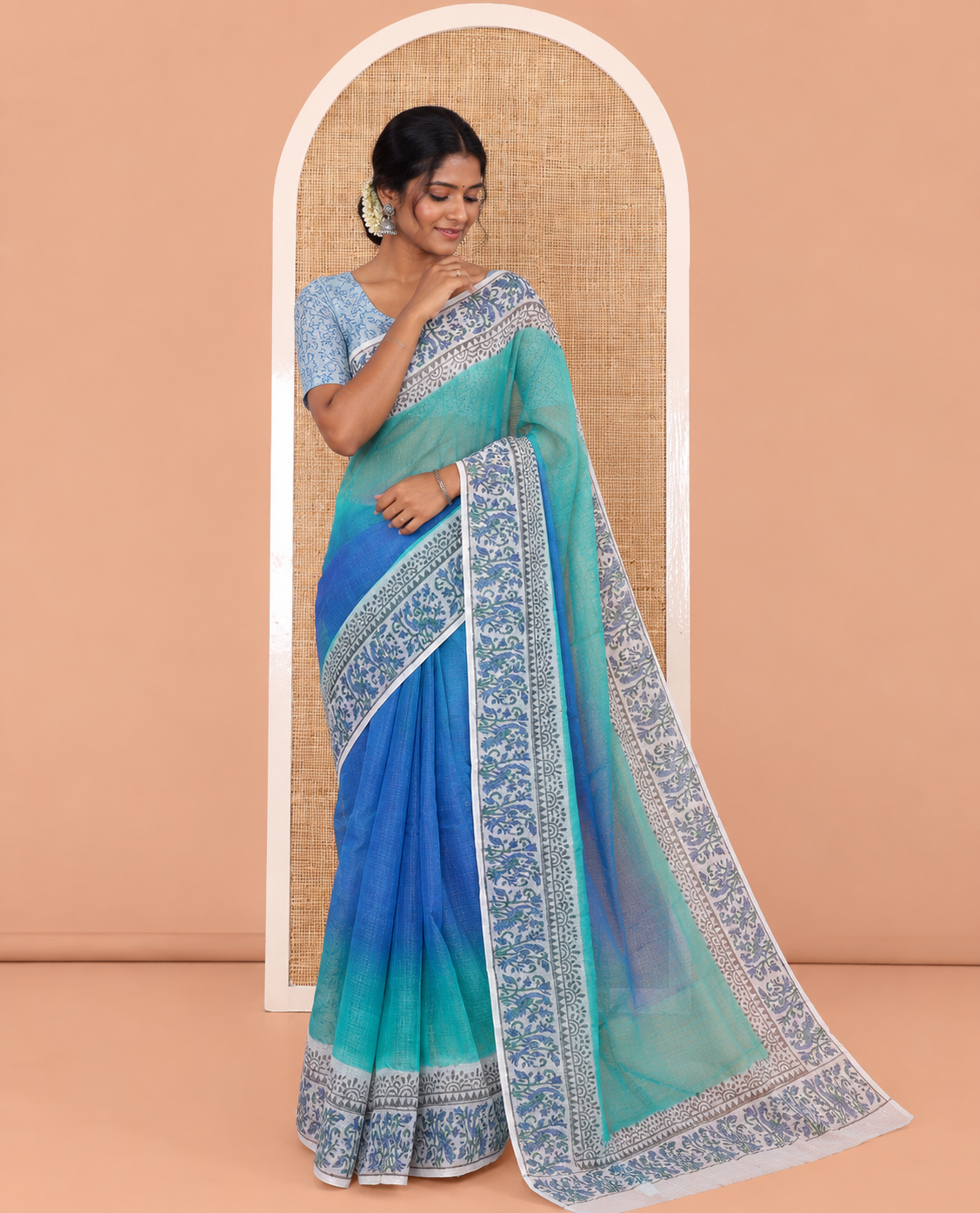 Blue Plain Ombre-Styled Kota Doria Saree, a Contrast Floral Printed Border, and a Contrast Printed Blouse