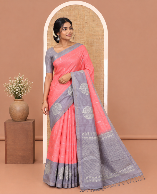 Pink Katan Silk Saree, Adorned with Butta Enclosed Checks on Its Body, Complemented by a Contrast Border of Tree Motifs, Jaal Pallu, and Paired with a Contrast Blouse