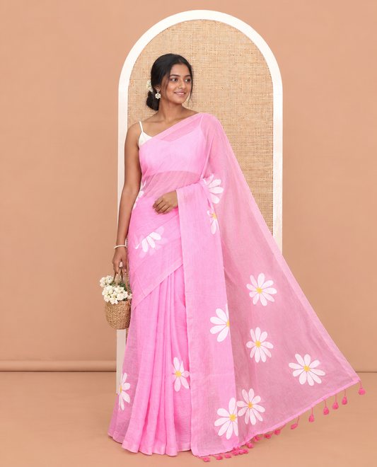 Borderless Pink Daisy Flower Printed Khadi Mul Cotton Saree Without Blouse