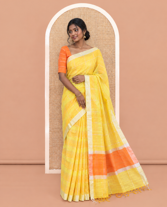 Yellow Checked Nuni Cotton Saree, a Zari Border, Contrast Plain Pallu, and Contrast Blouse