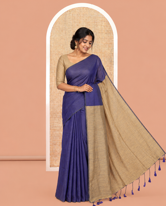 Borderless Navy Blue-Chikku Plain Khadi Cotton Saree