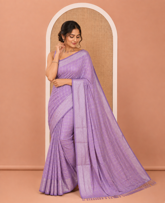 Lavender Vichitra Saree, Accentuated with Medium-Sized Checked Design on Its Body, Highlighted by a Traditional Design Border, Self-Pallu, and Comes Without a Blouse