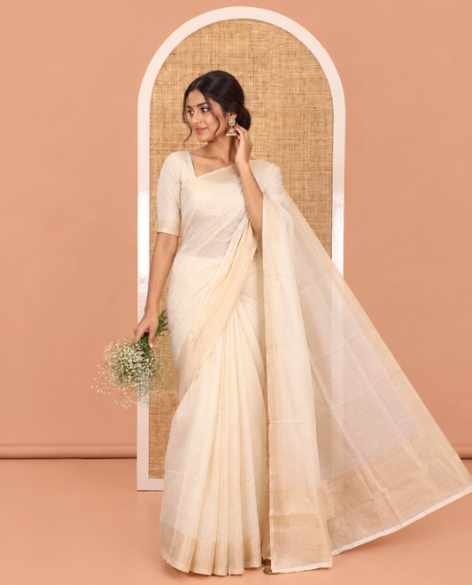Cream Chanderi Cotton Saree Features Vertical Stripes, a Rudraksha Border, Zari Pallu, a Matching Blouse