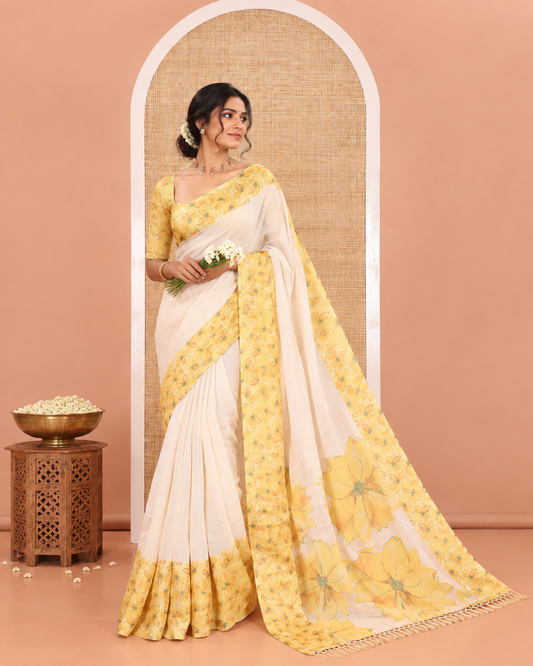 Cream Plain Tissue Saree, Artfully Designed with Contrast Floral Printed Border, Pallu Steeped with Flower Motifs Print, and Paired with a Contrast Blouse