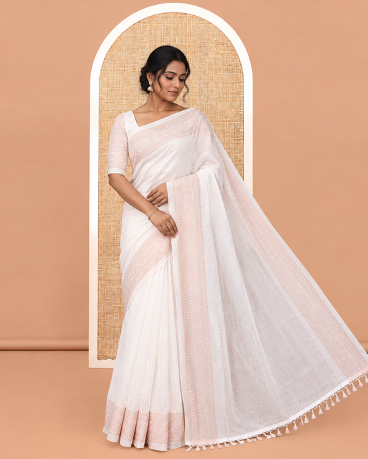 White Plain Vichitra Silk Saree, Highlighted by a Traditional Zari Border, a Self-Pallu, and No Blouse