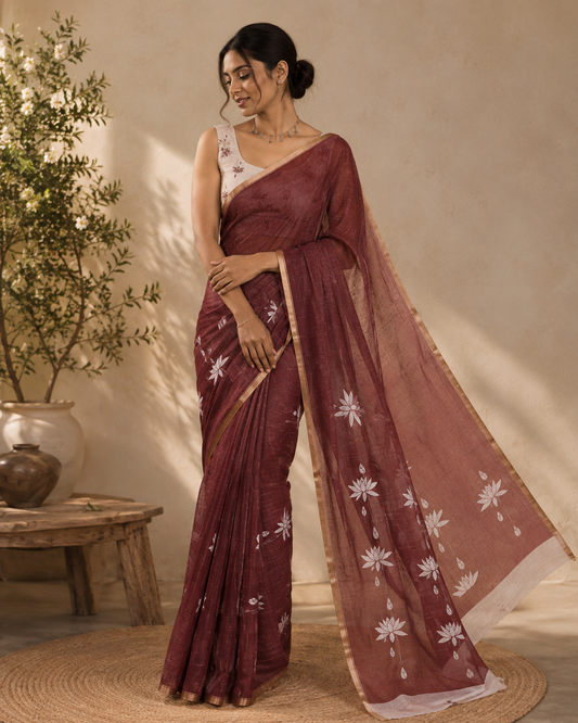 Maroon Linen Cotton Saree, Elevated with Pichwai Lotus Motifs Print, Subtle Piping Border, Pallu Mirrors the Same Pichwai Lotus Print, and Paired with a Contrast Pichwai Lotus Printed Blouse