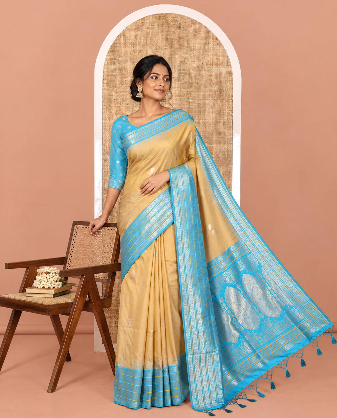 Mehendi Green Elite Soft Silk Saree, Bedecked with Zari Buttas All Over Its Body, Complemented by Contrast Temple Traditional Zari Border of Peacock-Rudraksham Motifs, Intricately Zari Woven Pallu and Paired with a Contrast Blouse