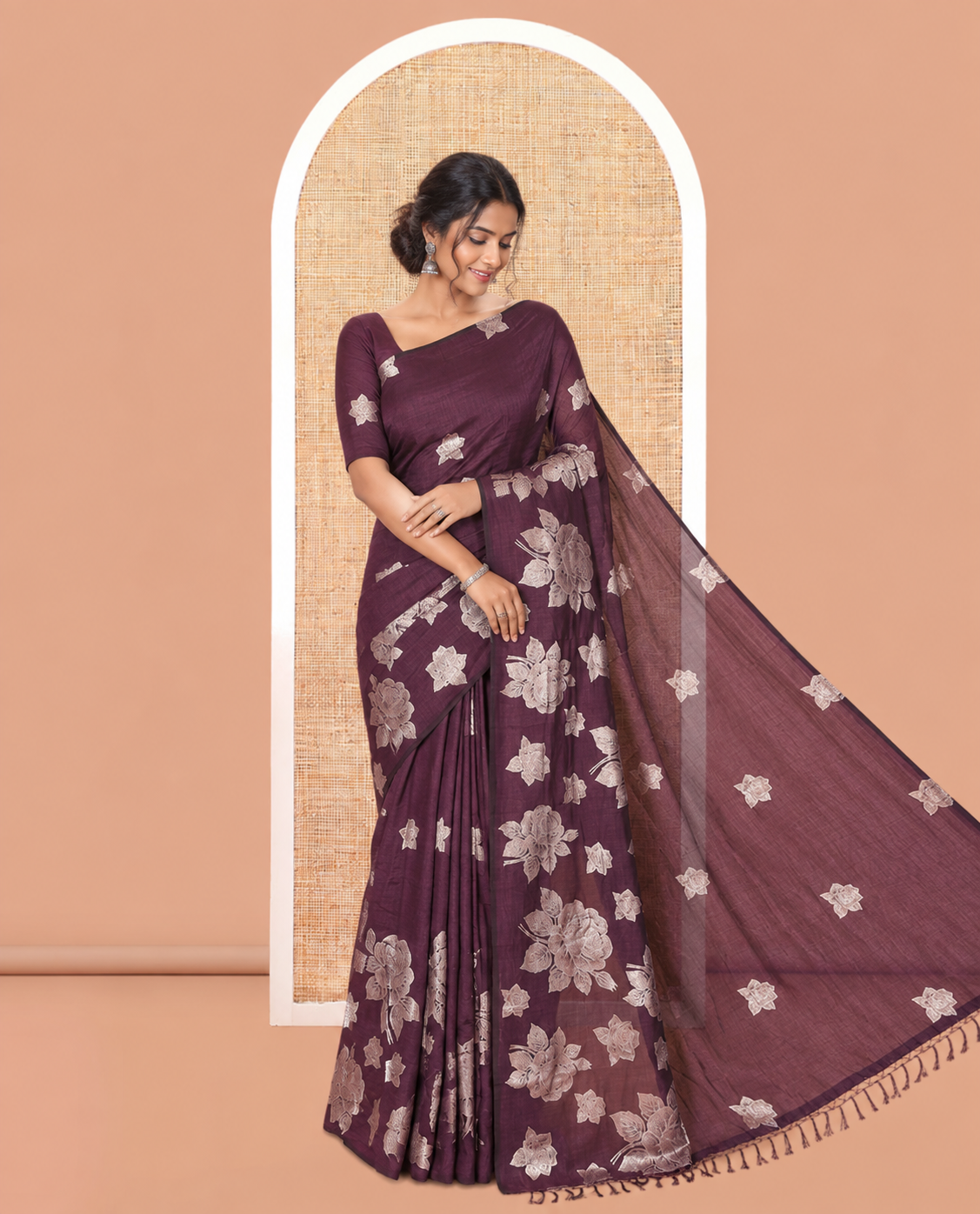 Borderless Purple Rose Floral Printed Vichitra Silk Saree, Self-Pallu of Floral Designs, and No Blouse