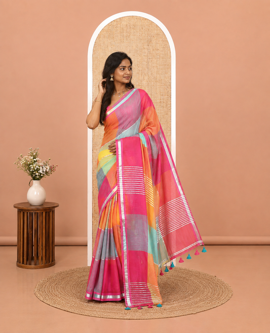 Blue Big Checked Khadi Mul Cotton Saree, a Piping Border, Striped Pallu, and No Blouse
