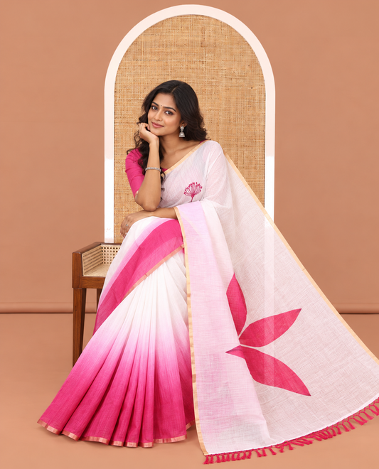 White-Pink Linen Cotton Saree Features Floral Print, Ombre-Style Dual-Color, a Piping Border, and a Contrast Blouse