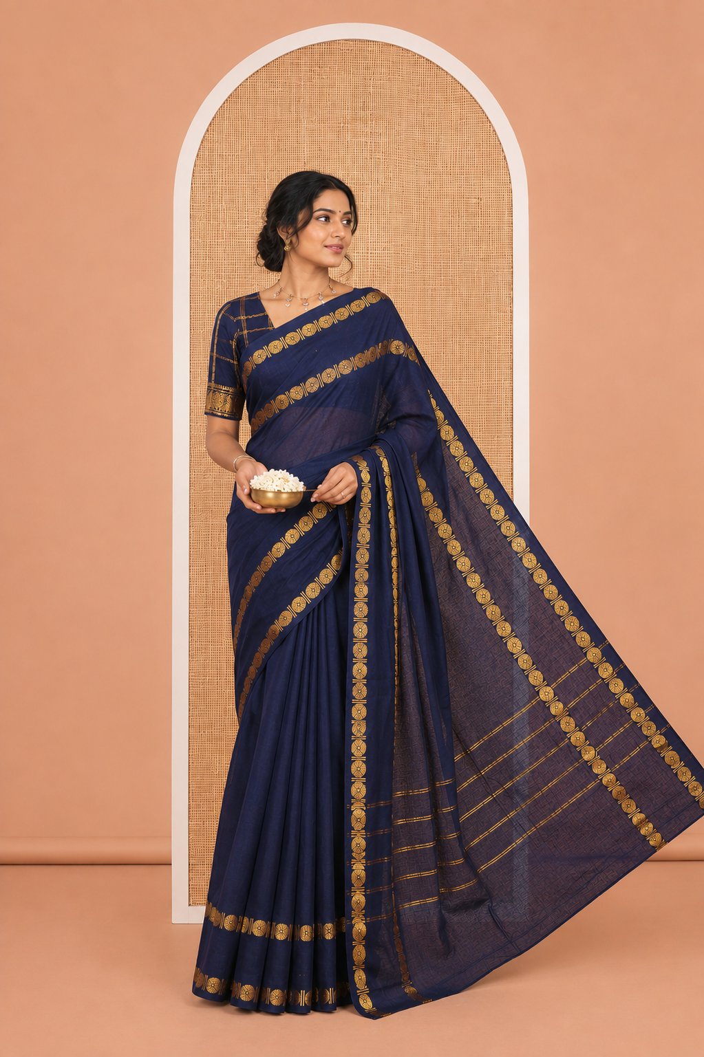 Navy Blue Plain Sungudi Cotton Saree, Highlighted by Traditional Rettai Pettu Rudraksham Border, Striped Pallu, and a Matching Blouse