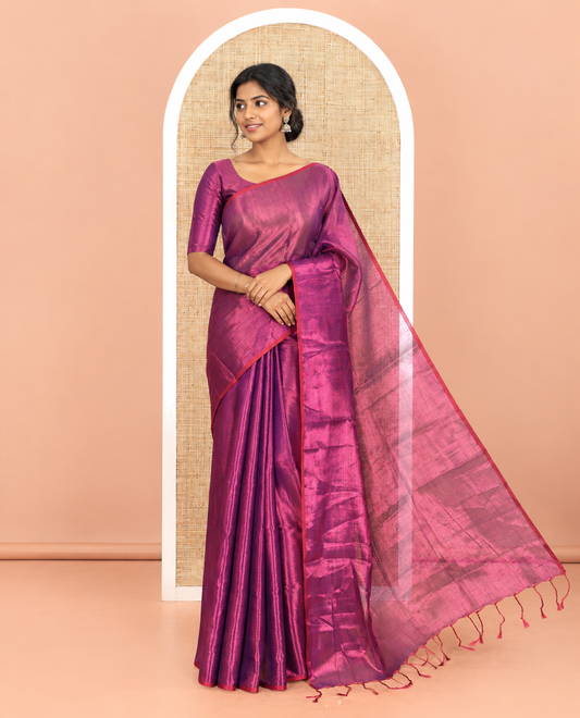 Borderless purple plain khadi tissue saree self pallu with tassels  and a matching blouse