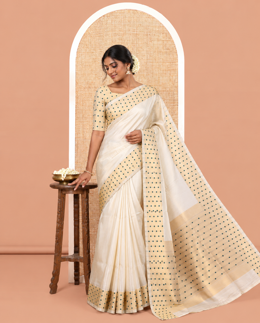Gold-Green Plain Tissue Saree, Gold Polka-Dotted Border, Matching Blouse