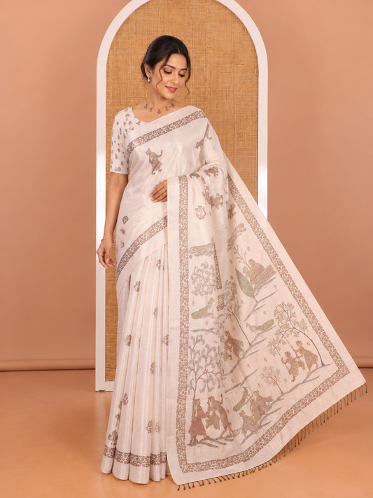 Gold Tissue Saree, Decked Up with Floral and Madhubani-Style Print, a Self-Border, Printed Pallu, and a Matching Blouse