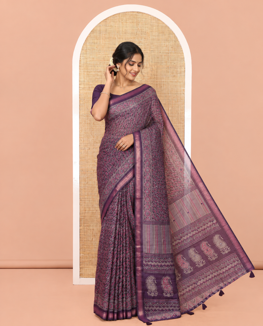 Violet Chanderi Cotton Saree, Elevated with Intricate Bagru Print and Mirror Work on Its Body, a Subtle Printed Border, Pallu of Paisleys Block Print, and Has a Plain Blouse