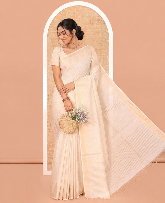 Cream Bhagalpur Cotton Saree, Accentuated with Dotted Stripes, a Zari Temple Border, Self-Pallu, and a Matching Blouse