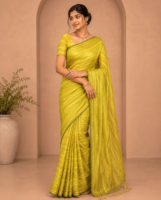 Borderless Green Vichitra Silk Saree, Accentuated with Horizontal Stripes and Sequin Stripes, Paired with a Matching Blouse