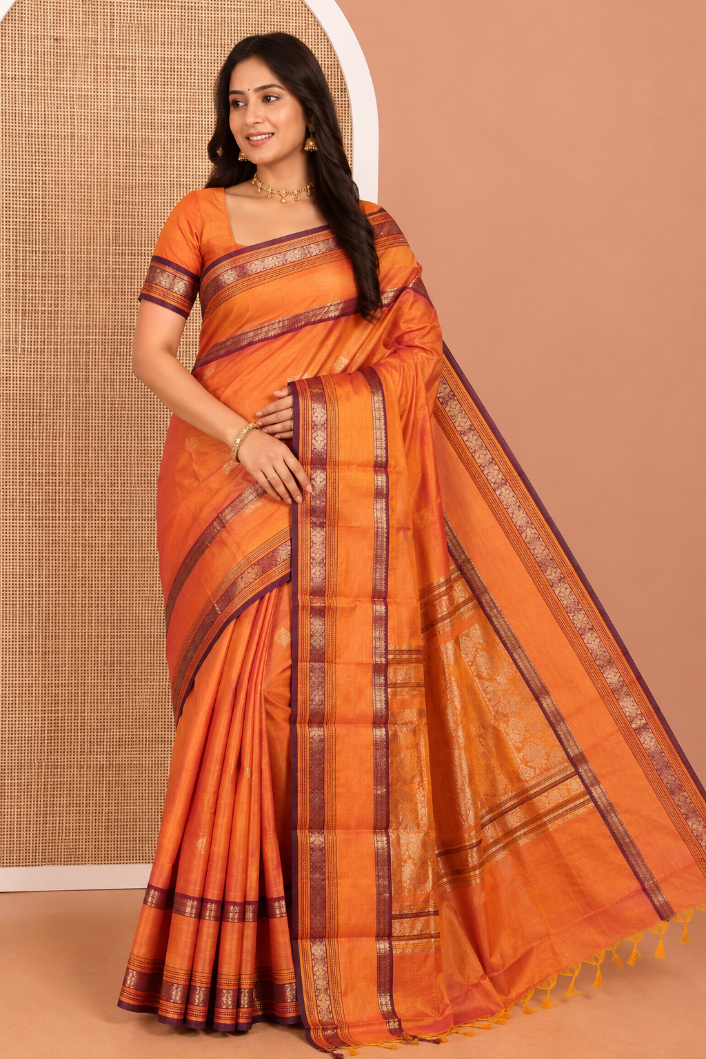 Mustard-Yellow Chettinad Cotton Saree, Floral Creeper and Thread Buttas, Rettai Pettu Border, Butta-Enclosed Checked Pallu, a Matching Blouse