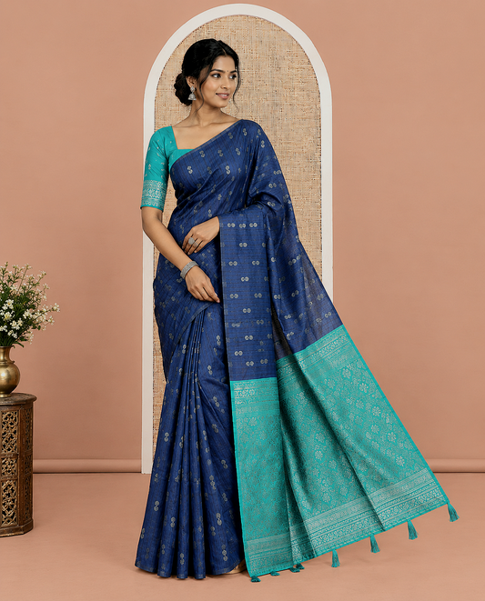 Borderless Navy Blue-Rama Jute Cotton Saree, Adorned with Zari Buttas, Contrast Intricate Pallu, a Contrast Blouse