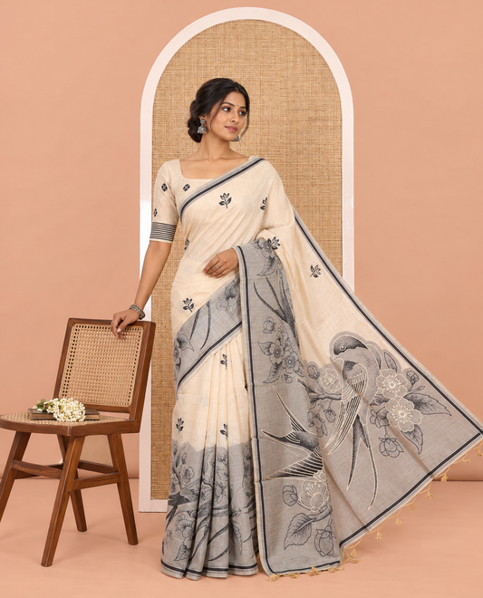 Grey Munga Cotton Saree, Beautified with Floral Buttas, a Contrast Floral-Bird Printed Border, and a Matching Blouse