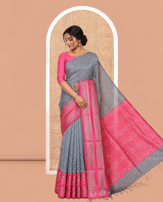 Grey Semi-Raw Silk Saree, Subtly Sparkled with Thread Stripes, a Contrast Traditional Zari Border, Checked Pallu, a Contrast Blouse