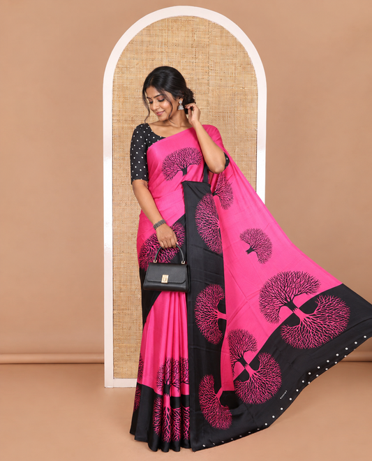 Rani pink tree motifs digitally printed Gajji silk saree with contrast printed border of upside down tree motifs, and contrast printed blouse