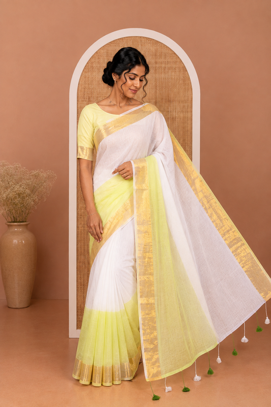 Lemon Yellow Half-And-Half-Style Plain Khadi Mul Cotton Saree, a Subtle Zari Border, and No Blouse