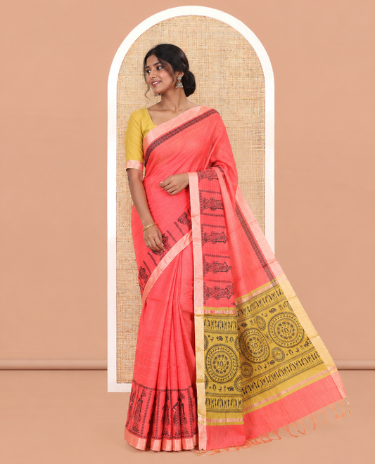Pink Semi-Katan Silk Saree, Adorned with Human Figurine, Copper Zari Border, Contrast Warli Pallu, and a Contrast Blouse