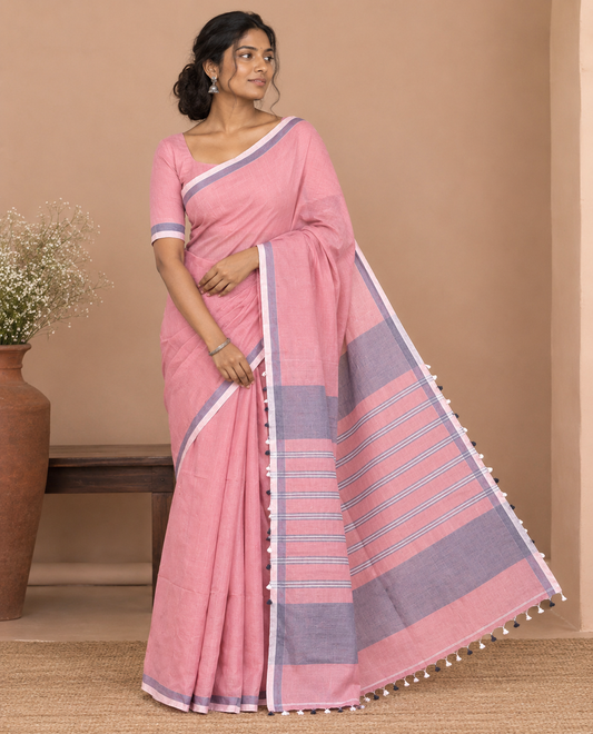 Onion Pink Plain Khadi Mul Cotton Saree, a Contrast Satin Border, Striped Pallu, and a Plain Blouse